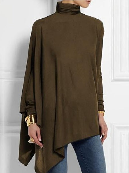 Top donna con design asimmetrico e collo alto, dettagli bottoni sulle spalle, abbigliamento comodo e trendy.