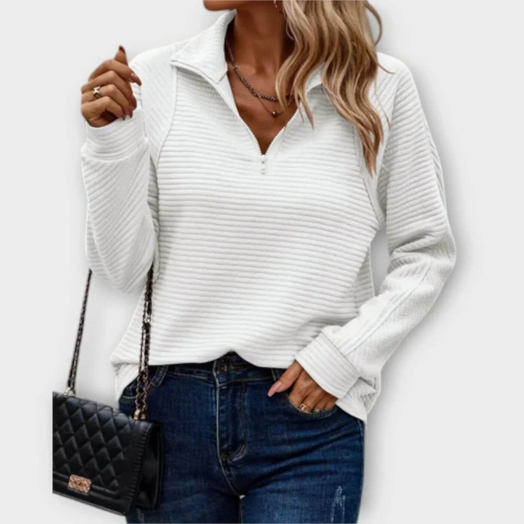Maglione da donna casual in maglia a coste con scollo a V e mezza zip, comfort e stile per ogni occasione.