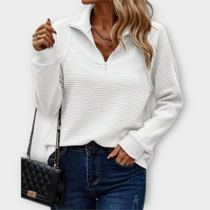 Maglione da donna casual in maglia a coste con scollo a V e mezza zip, comfort e stile per ogni occasione.
