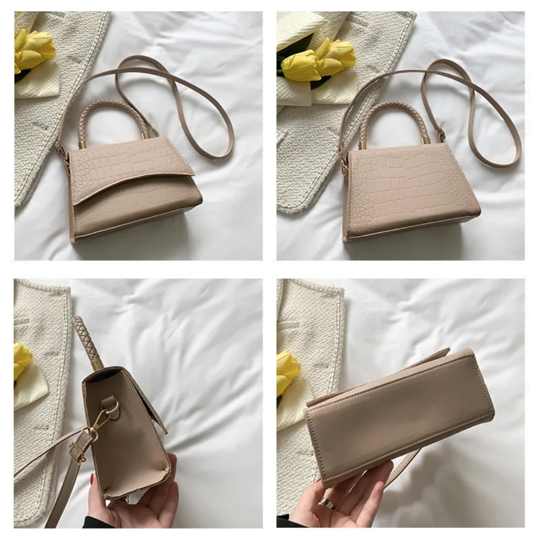 Borsa a mano similpelle cachi, con tracolla regolabile. Borsa donna versatile ed elegante per il giorno.