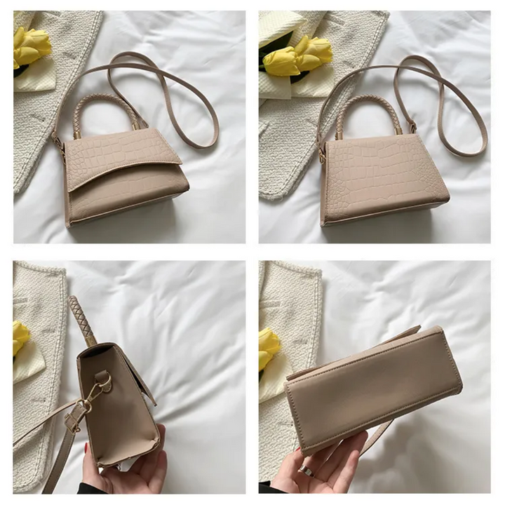 Borsa a mano similpelle cachi, con tracolla regolabile. Borsa donna versatile ed elegante per il giorno.