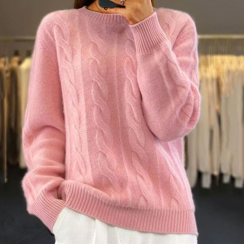 Maglione da donna a trecce, morbido e caldo, girocollo, versatile per outfit invernali casual o chic.