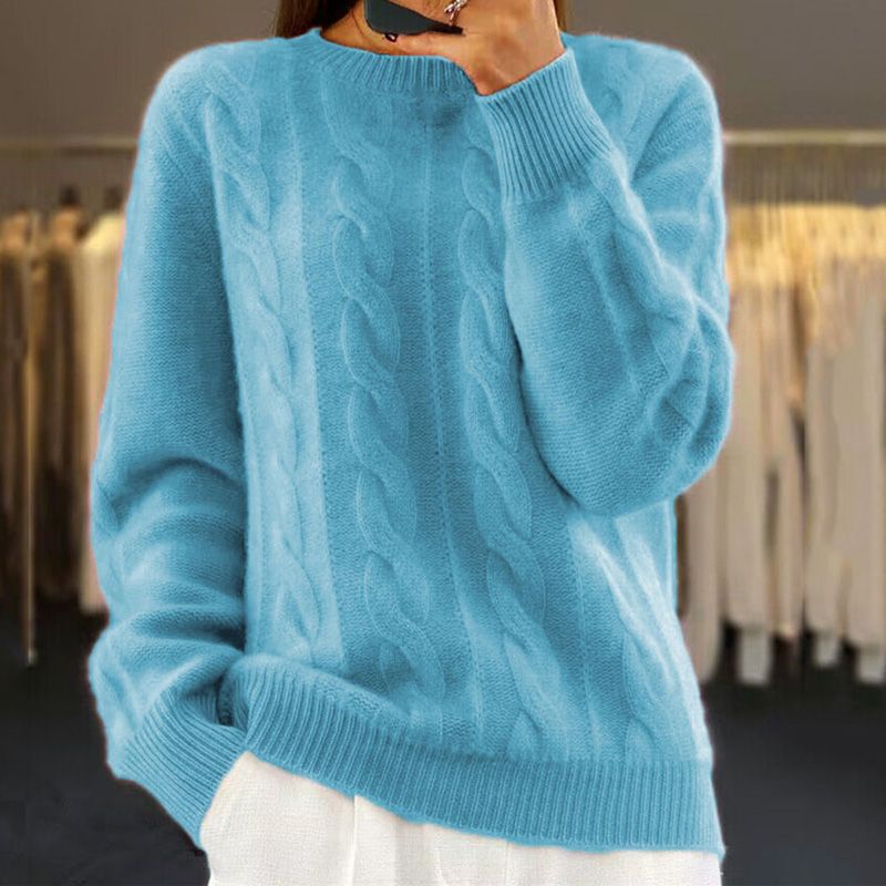 Elegante maglione donna blu a trecce con girocollo e vestibilità morbida, per l'inverno.