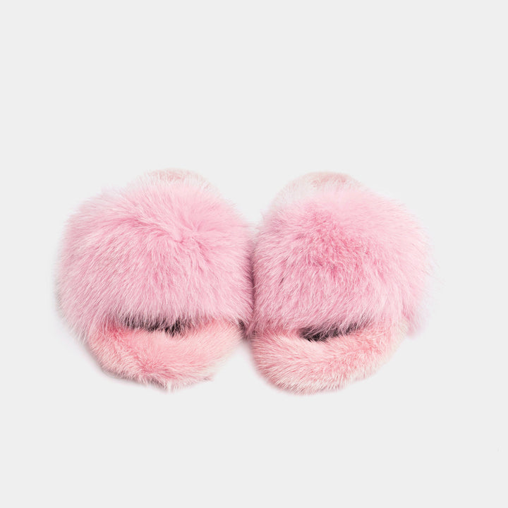 Lussuose pantofole rosa da donna con pelliccia di volpe e visone, calde e comode per momenti di relax.