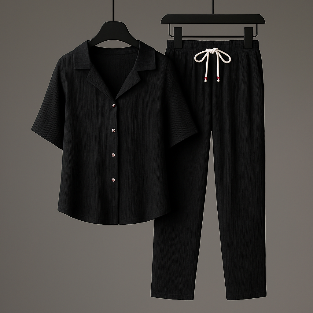 Completo estivo uomo con camicia collo aperto e pantaloni laccetto, perfetto per un look casual e rilassato.