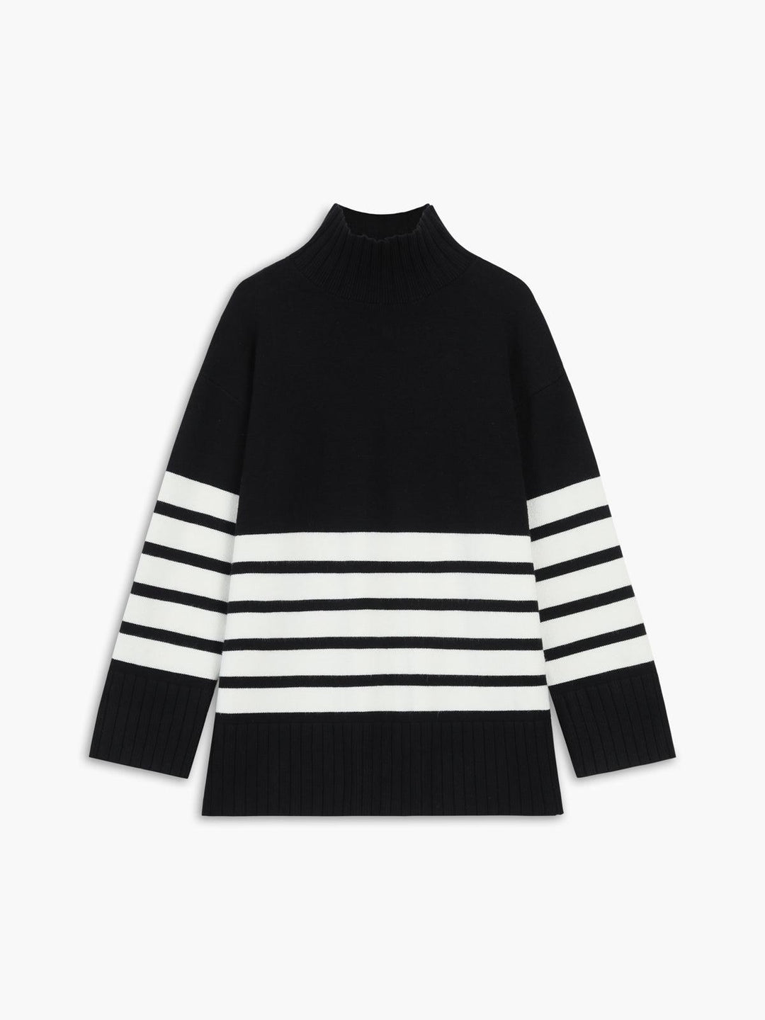 Maglione donna a righe vivaci con elegante collo alto, per un tocco di colore e comfort nell'inverno.