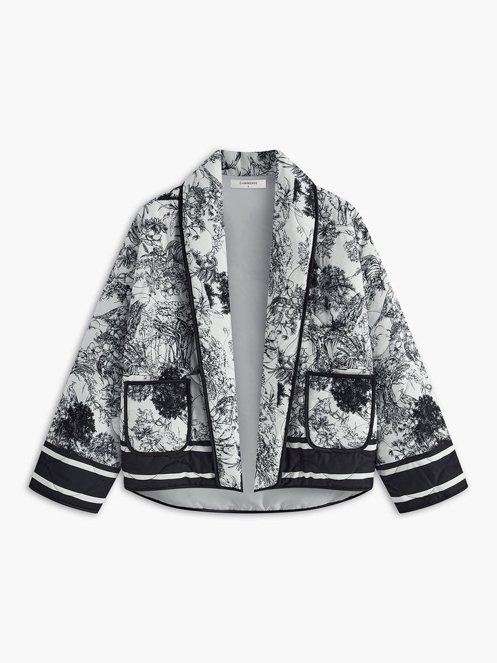 Giacca autunnale donna elegante grigia con stampa artistica, perfetta per un look casual o raffinato.