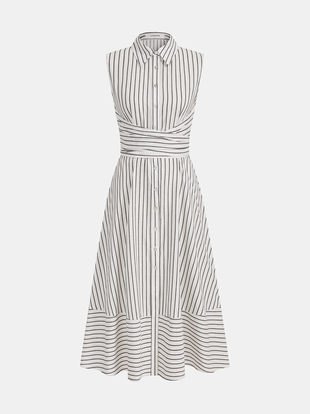 Vestito midi donna a righe verticali, senza maniche, con colletto e cintura regolabile.