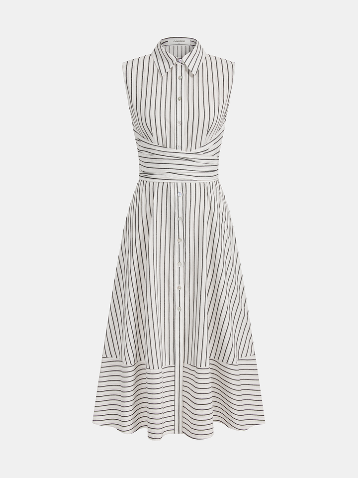 Vestito midi donna a righe verticali, senza maniche, con colletto e cintura regolabile.