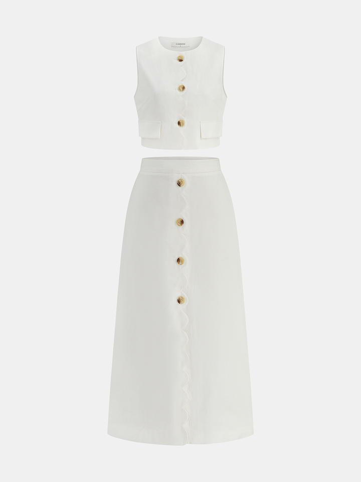 Set coordinato donna primaverile con gilet e gonna abbinata. Un capo versatile per la moda femminile.