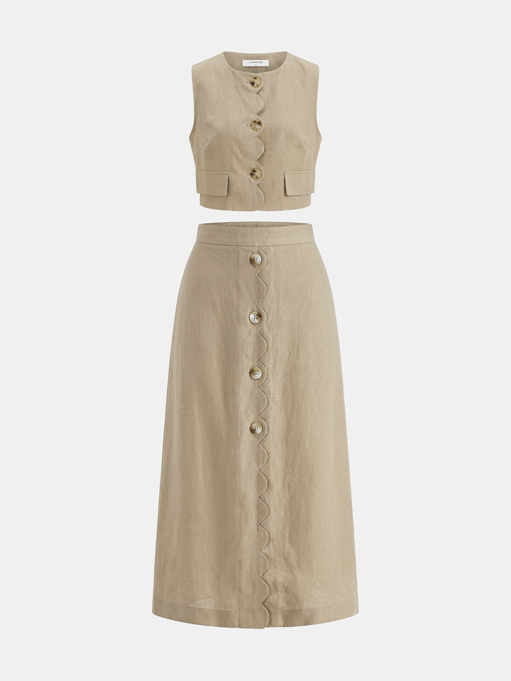 Completo estivo donna con gilet e gonna coordinata. Perfetto per look versatili ed eleganti.