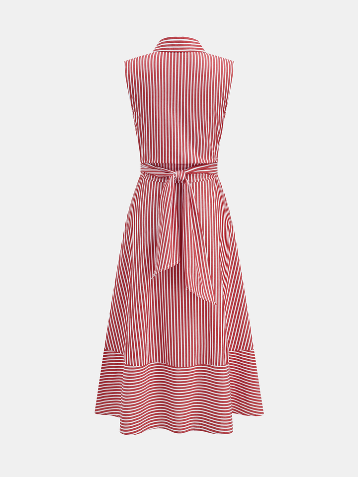Abito versatile donna a righe midi, senza maniche, con colletto e cintura per ogni occasione.