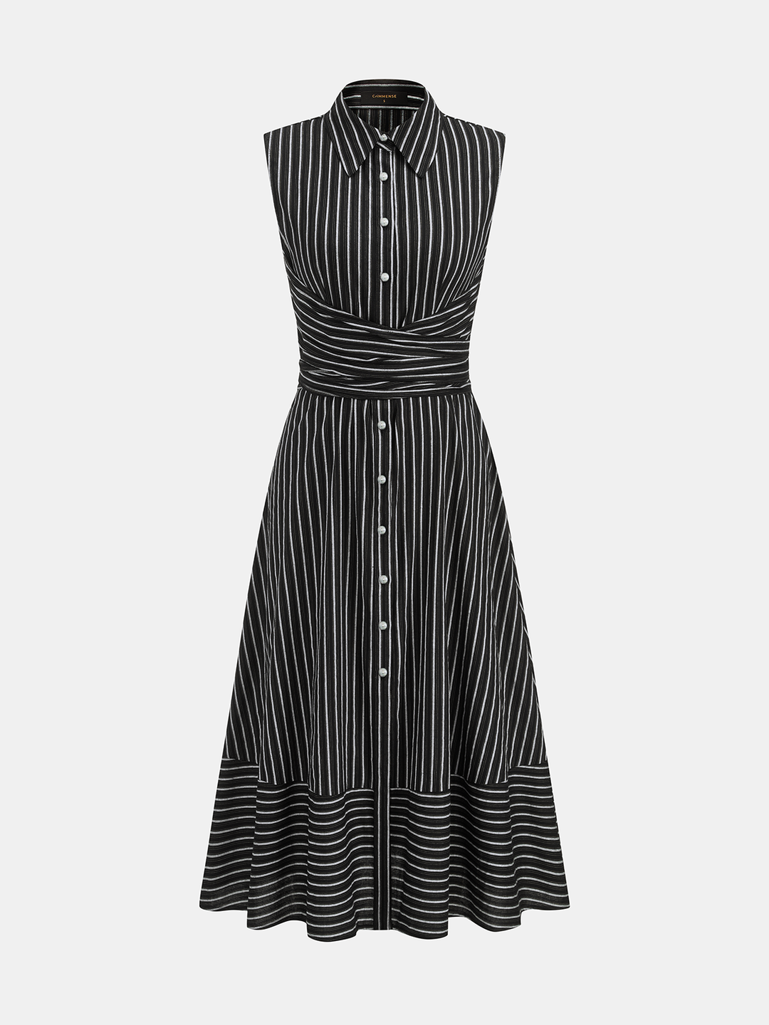 Abito casual-chic donna a righe, midi, con colletto, cintura e design versatile.