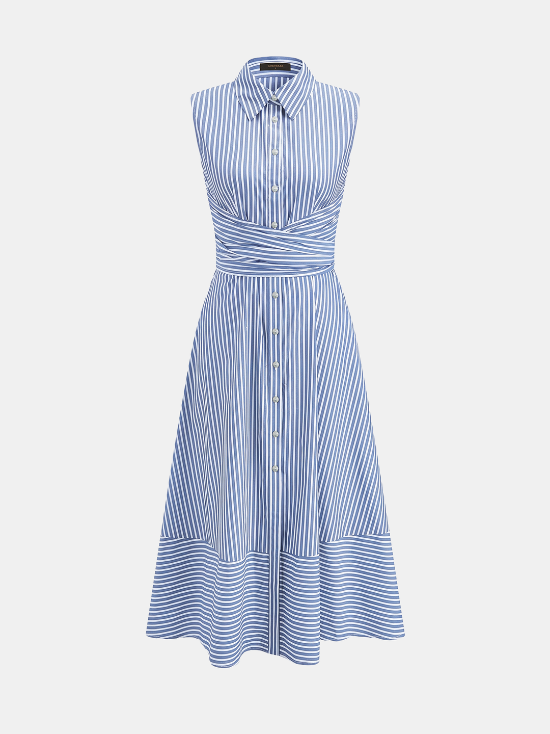 Moda donna: abito midi estivo a righe, senza maniche, con colletto e cintura per un look fresco.