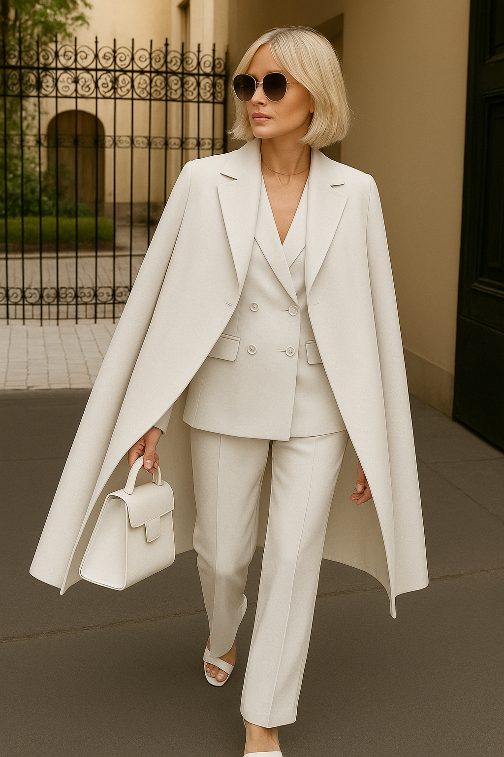 Completo versatile tre pezzi donna: blazer, cappotto e pantaloni, ideale per outfit eleganti e professionali.