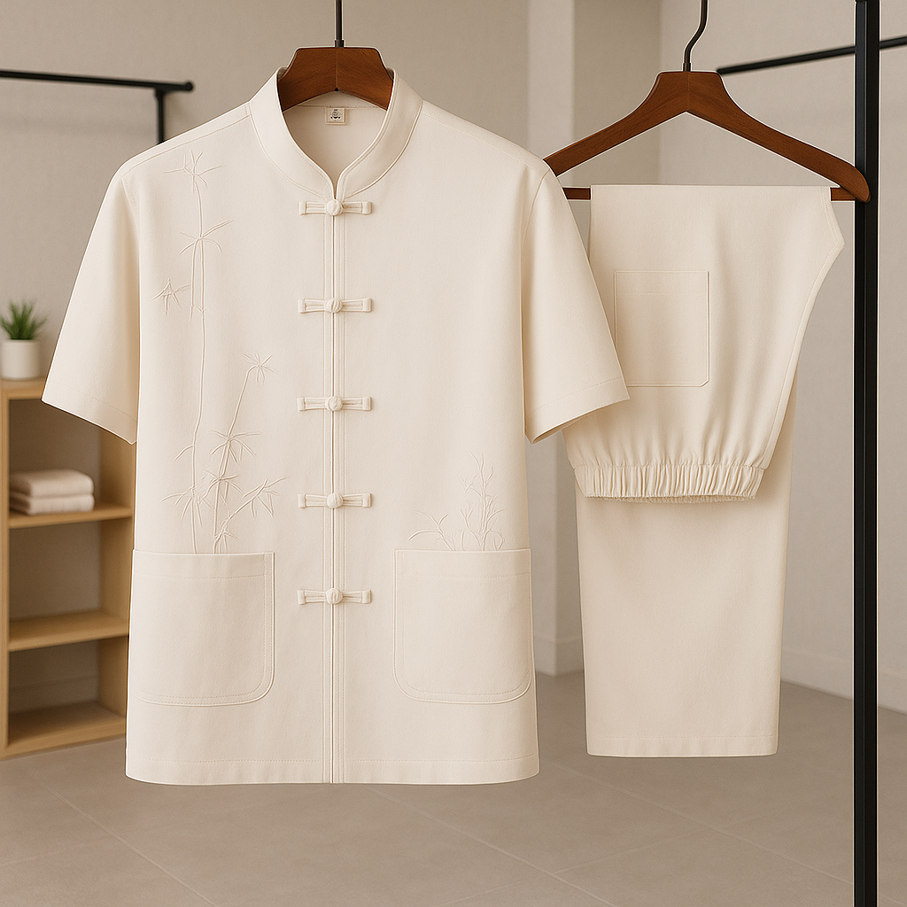 Set uomo estivo a maniche corte, tradizionale. Ricamo bambù e vita elastica per comfort. Moda etnica maschile.