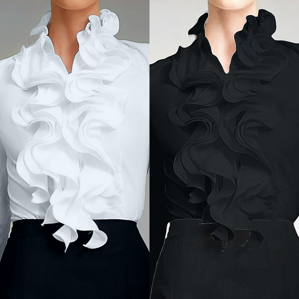 Camicetta nera da donna con eleganti volant sulle maniche lunghe, versatile per moda casual o formale.