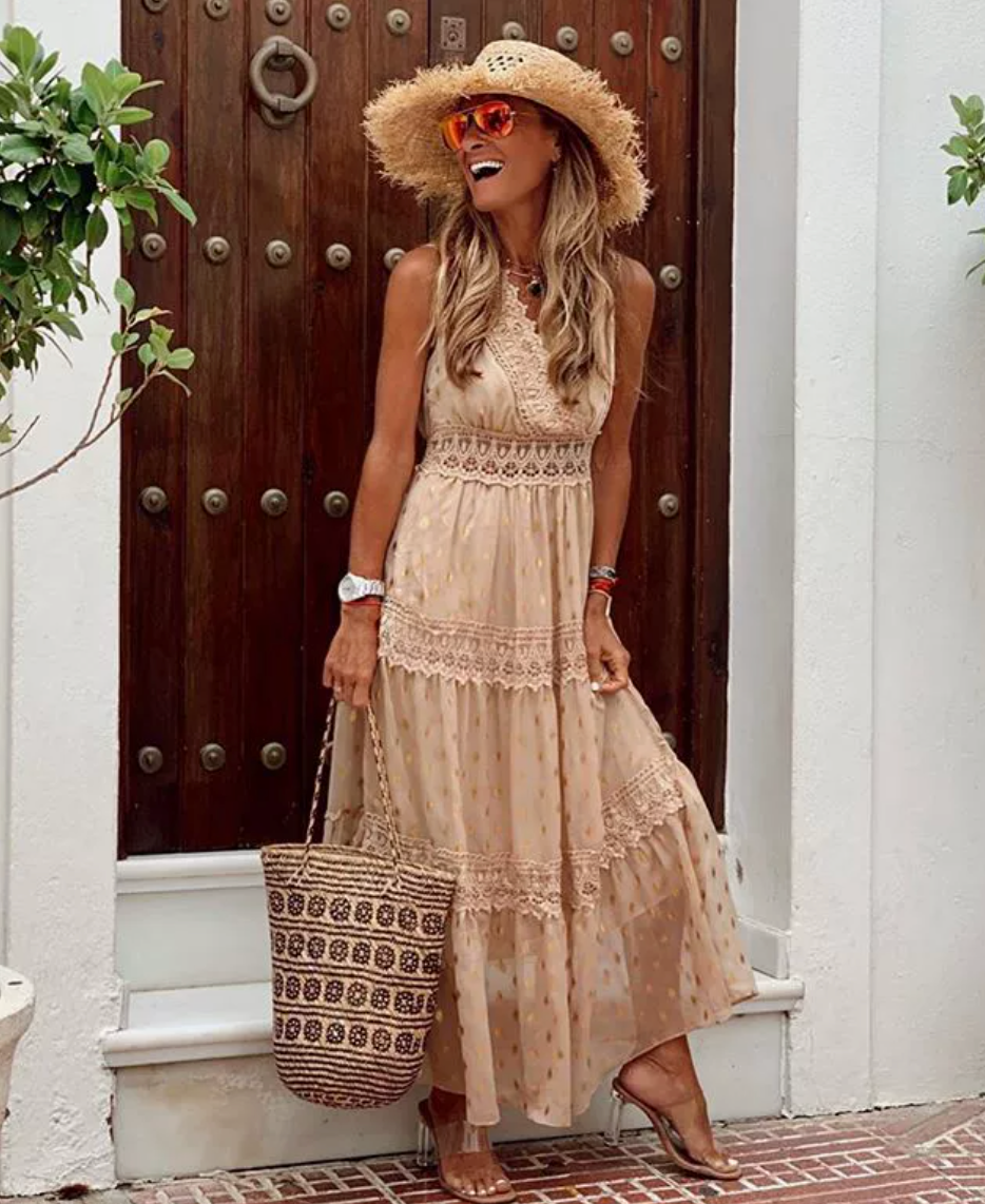 Maxi abito elegante da donna in pizzo, perfetto per serate, cerimonie e occasioni speciali. Vestito lungo formale.