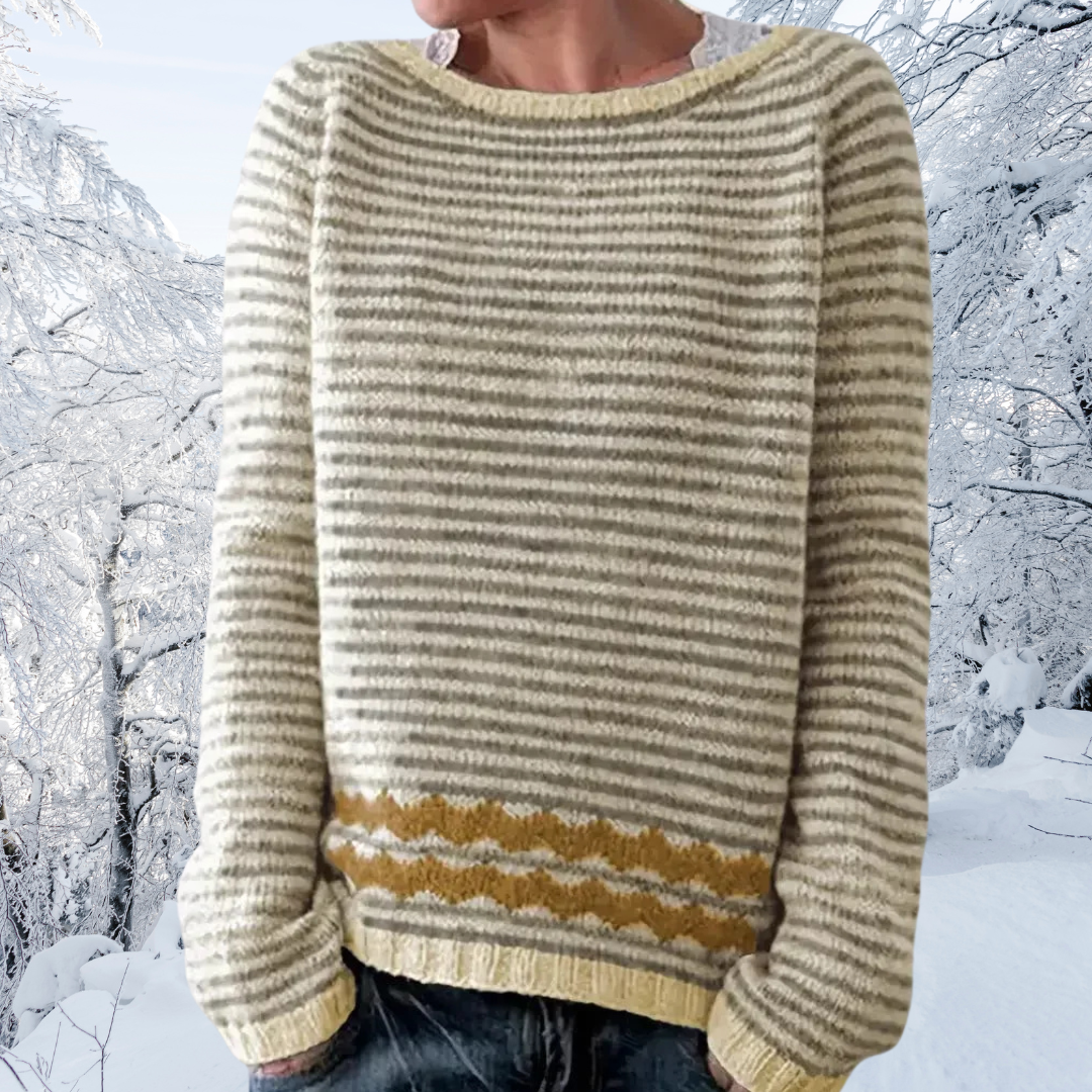 Maglione donna a righe con girocollo e maniche lunghe, vestibilità ampia per un look chic e confortevole.