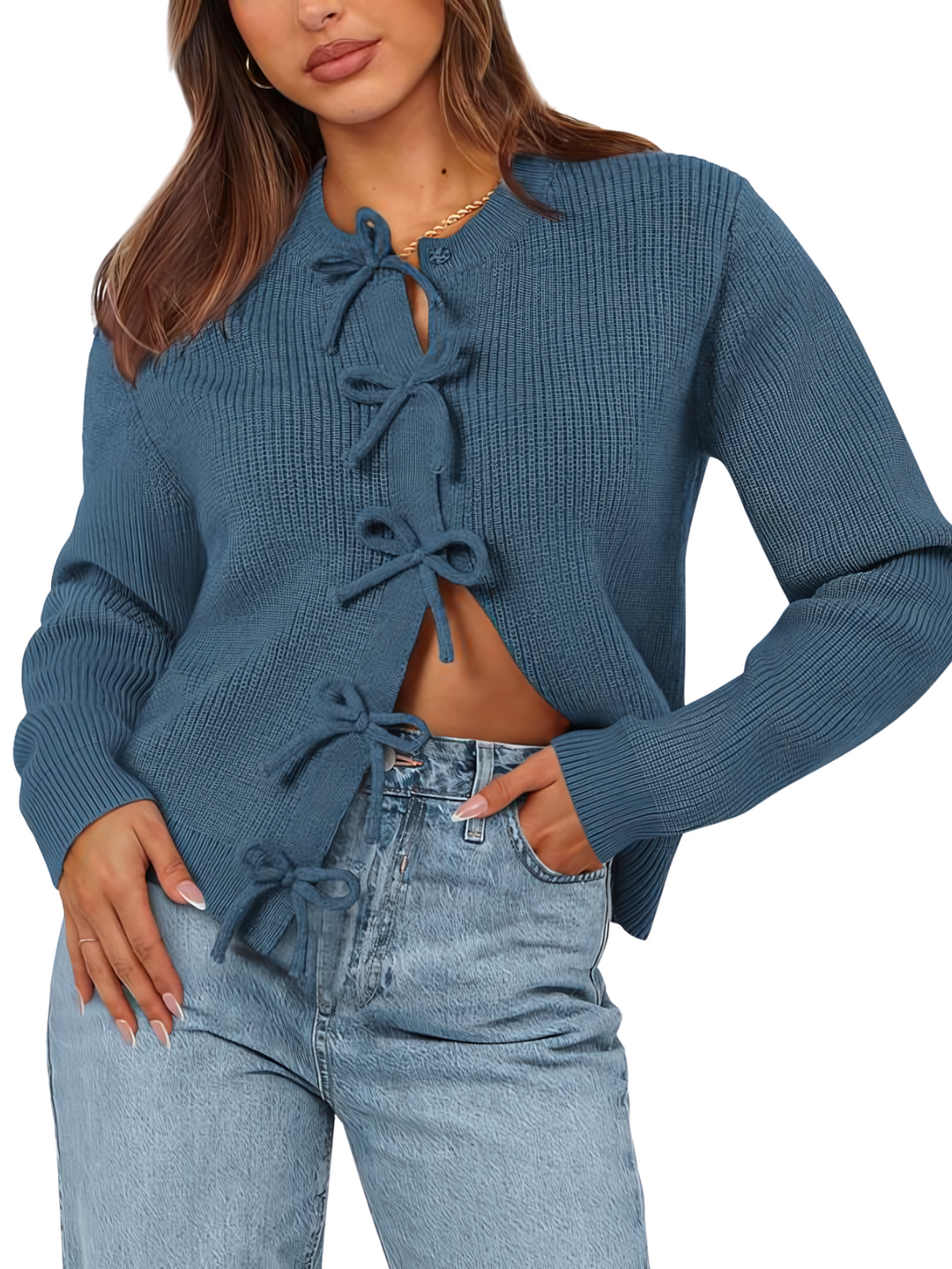 Cardigan donna elegante rosa cipria con laccetti, versatile per l'autunno, perfetto per ogni occasione.