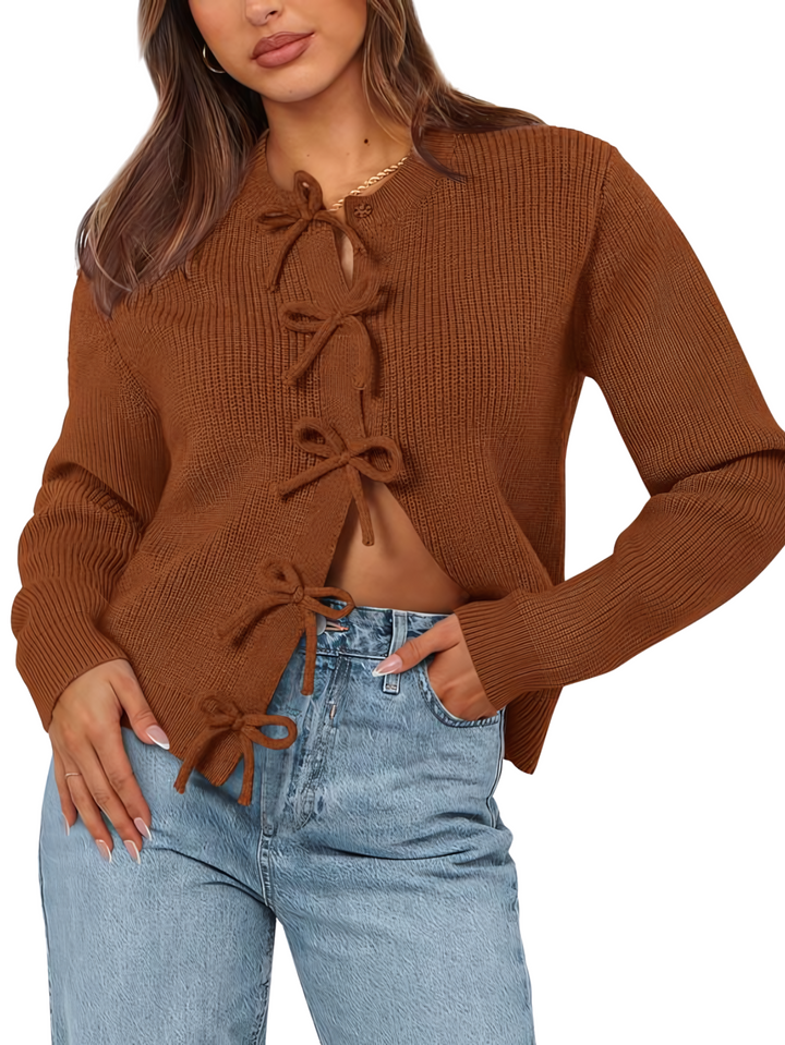Cardigan donna autunnale a laccetti, terra bruciata, elegante e versatile per sovrapposizione chic.