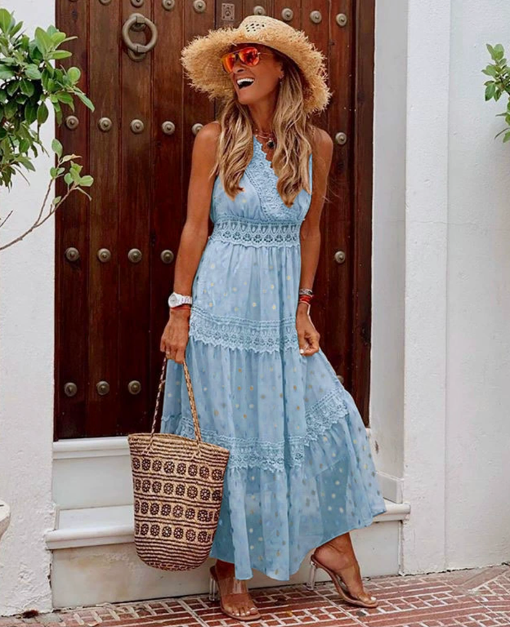 Abito da sera elegante in pizzo per donna, un vestito lungo perfetto per cerimonie e eventi formali. Moda donna.