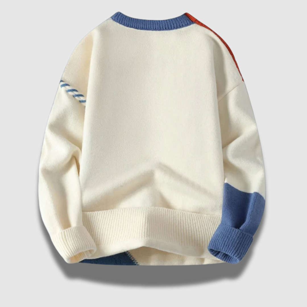 Maglione girocollo uomo con design patchwork, perfetto per uno stile moderno e confortevole in autunno/inverno.