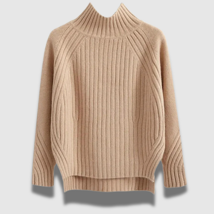 Primo piano del tessuto a coste di un maglione dolcevita donna, caldo e alla moda per l'inverno.