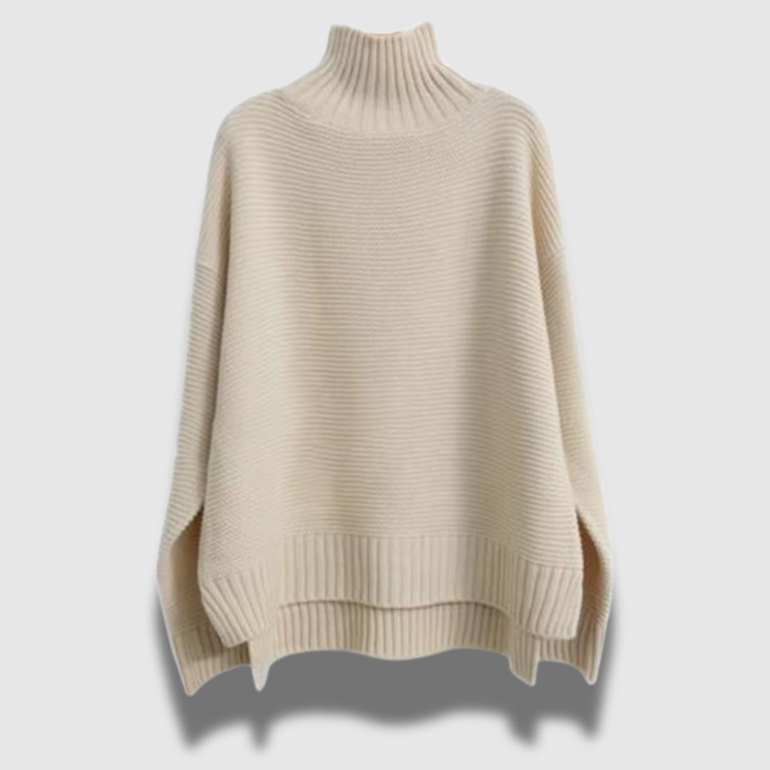 Maglione donna invernale oversize, collo alto e morbido. Ideale per comfort e calore nelle fredde giornate autunnali.
