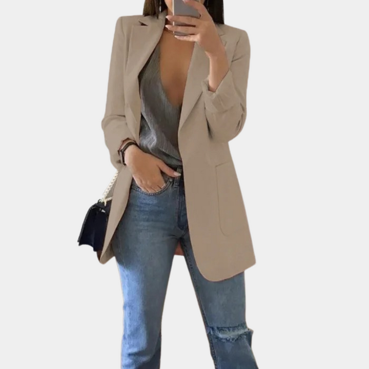 Soprabito blazer donna lungo, sartoriale, per abbigliamento versatile, da ufficio a serate eleganti.