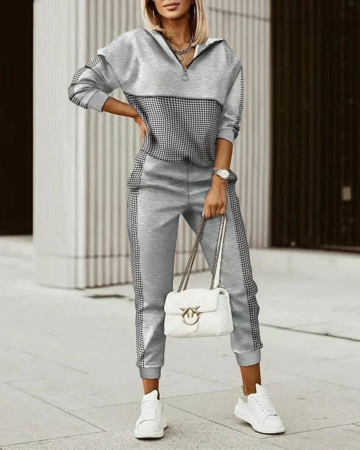 Completo casual donna trendy per comfort quotidiano. Set abbigliamento moda chic, ideale per il tempo libero.