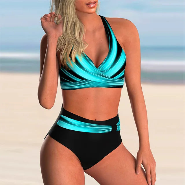 Bikini donna blu con spalline regolabili, perfetto per spiaggia e piscina. Costume da bagno estate, asciugatura rapida.