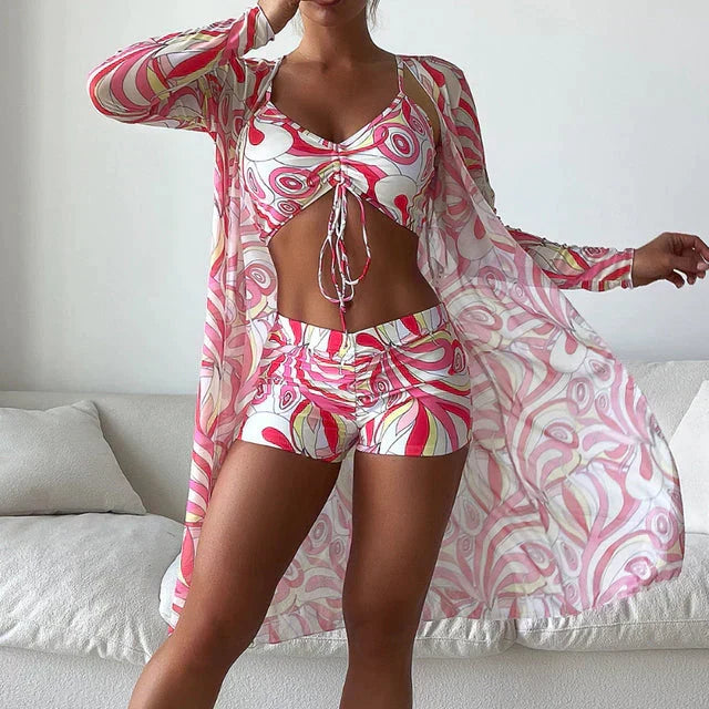 Set bikini donna con reggiseno, slip e copricostume. Ideale per un look elegante e confortevole in piscina.