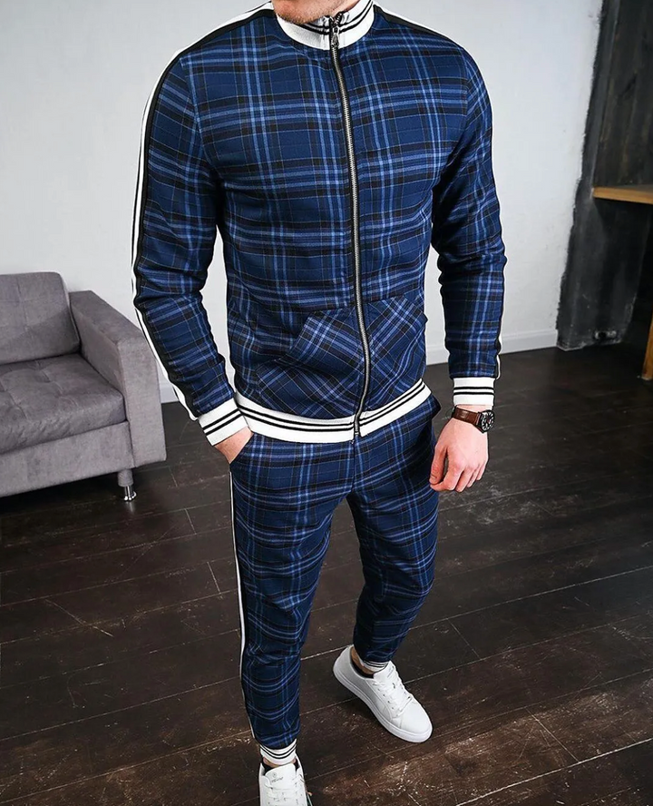 Moda maschile: set sportivo uomo a quadri per autunno, completo casual elegante con vestibilità perfetta.