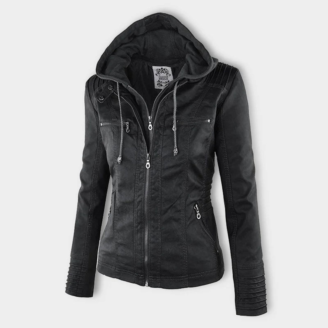 Giacca outdoor donna con cappuccio, protezione antipioggia e antivento, perfetta per escursioni.