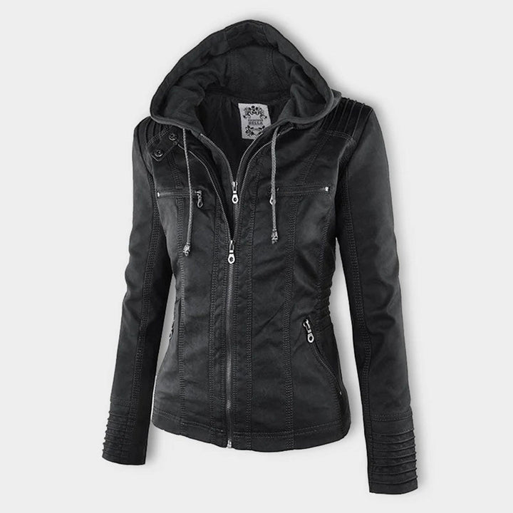 Giacca outdoor donna con cappuccio, protezione antipioggia e antivento, perfetta per escursioni.