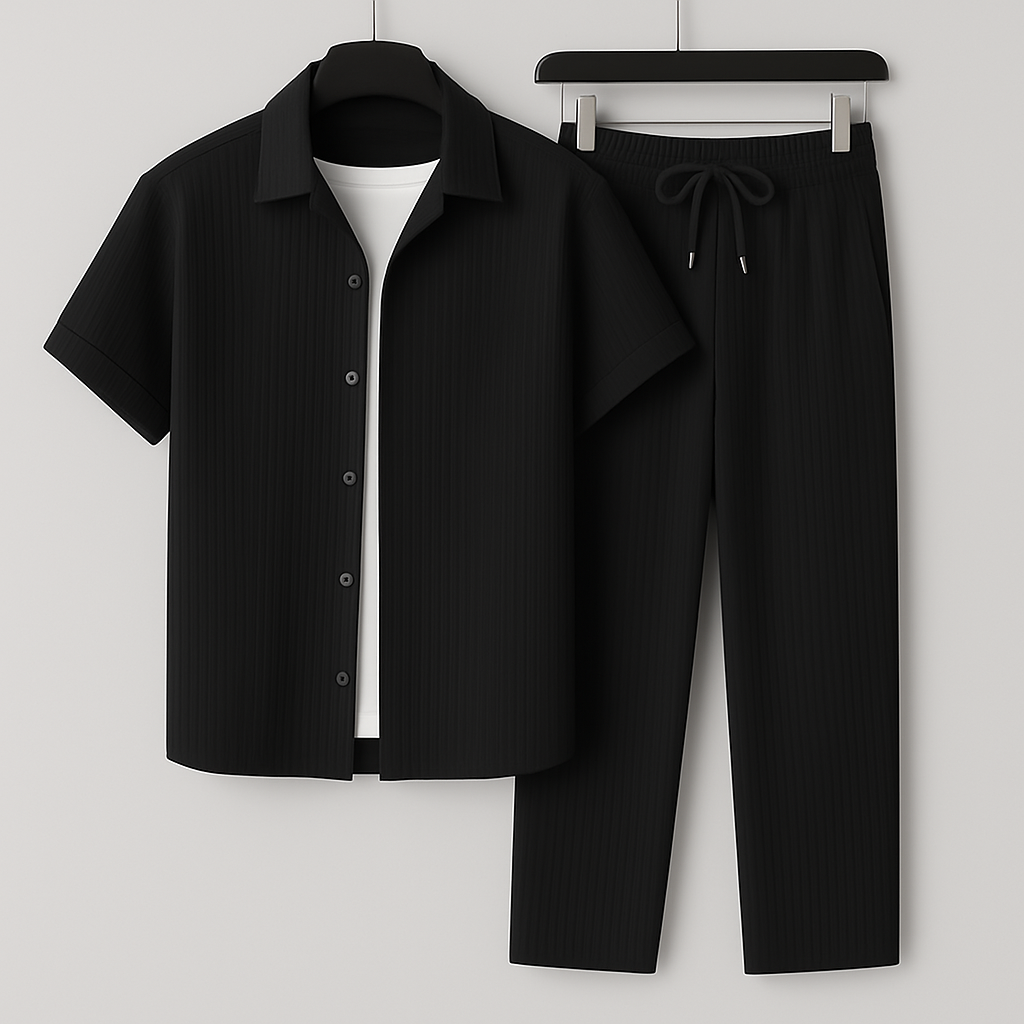 Abito estivo uomo due pezzi: camicia comoda e pantaloni coulisse. Look casual e confortevole per le giornate calde.