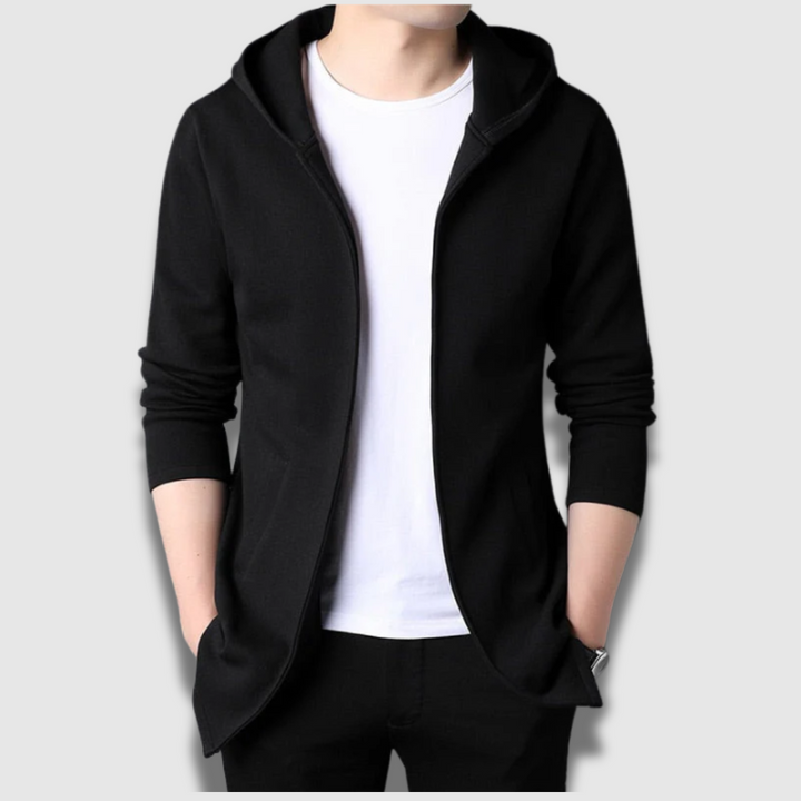 Giacca uomo casual con cappuccio e zip intera, design leggero e resistente per primavera e autunno.