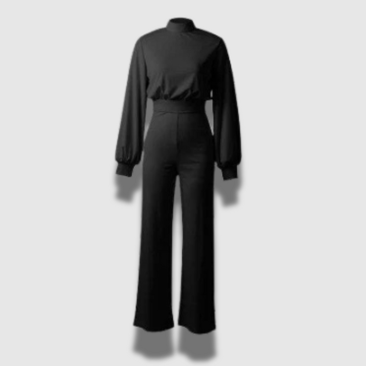 Tuta da donna elegante con colletto in piedi. Un completo sofisticato, ideale per abbigliamento formale.