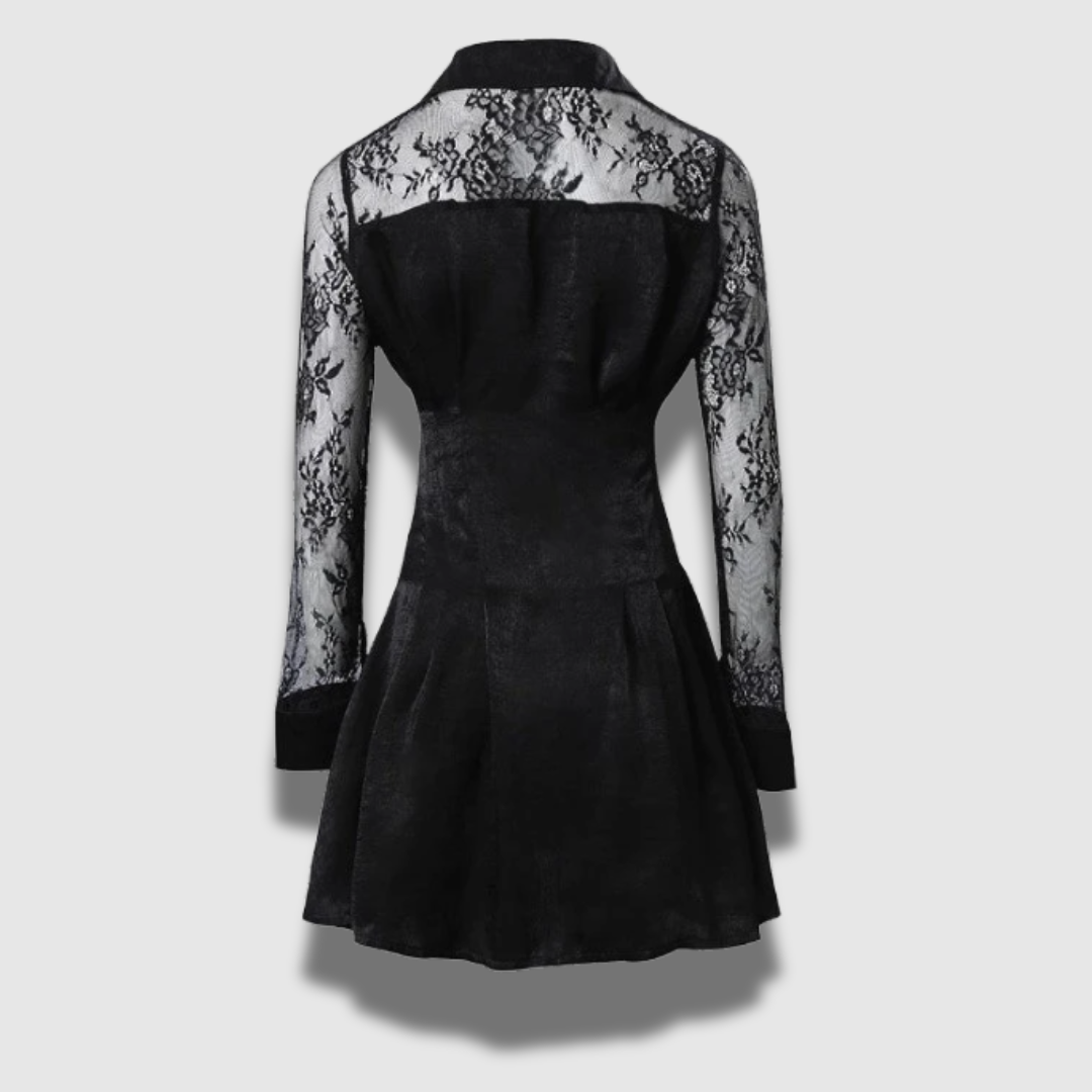 Mini abito donna nero, maniche lunghe, vestito da sera elegante e moderno. Perfetto per look sofisticati e alla moda.