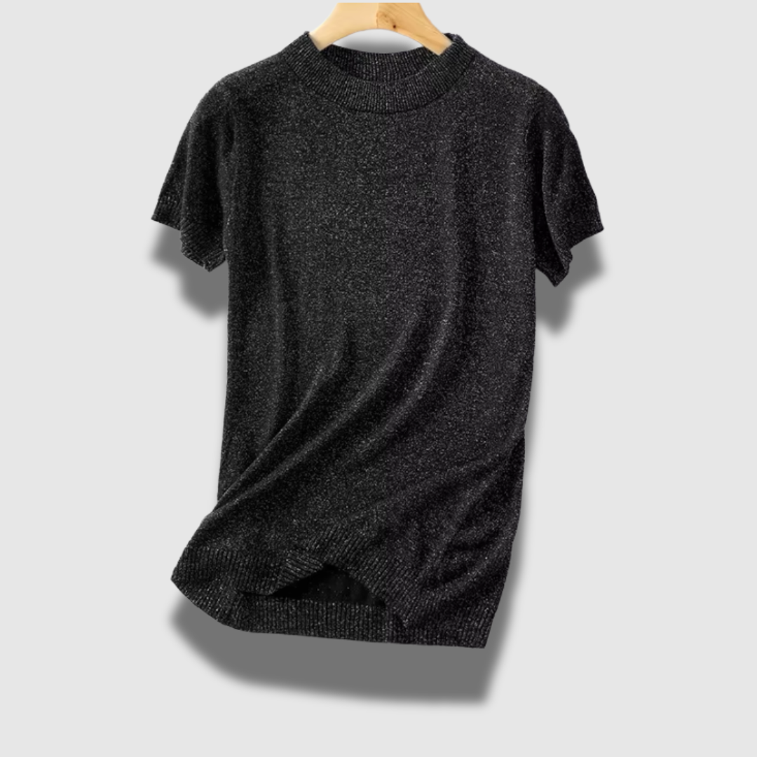 Maglione donna girocollo lucido a maniche corte, leggero, un capo essenziale per la primavera.