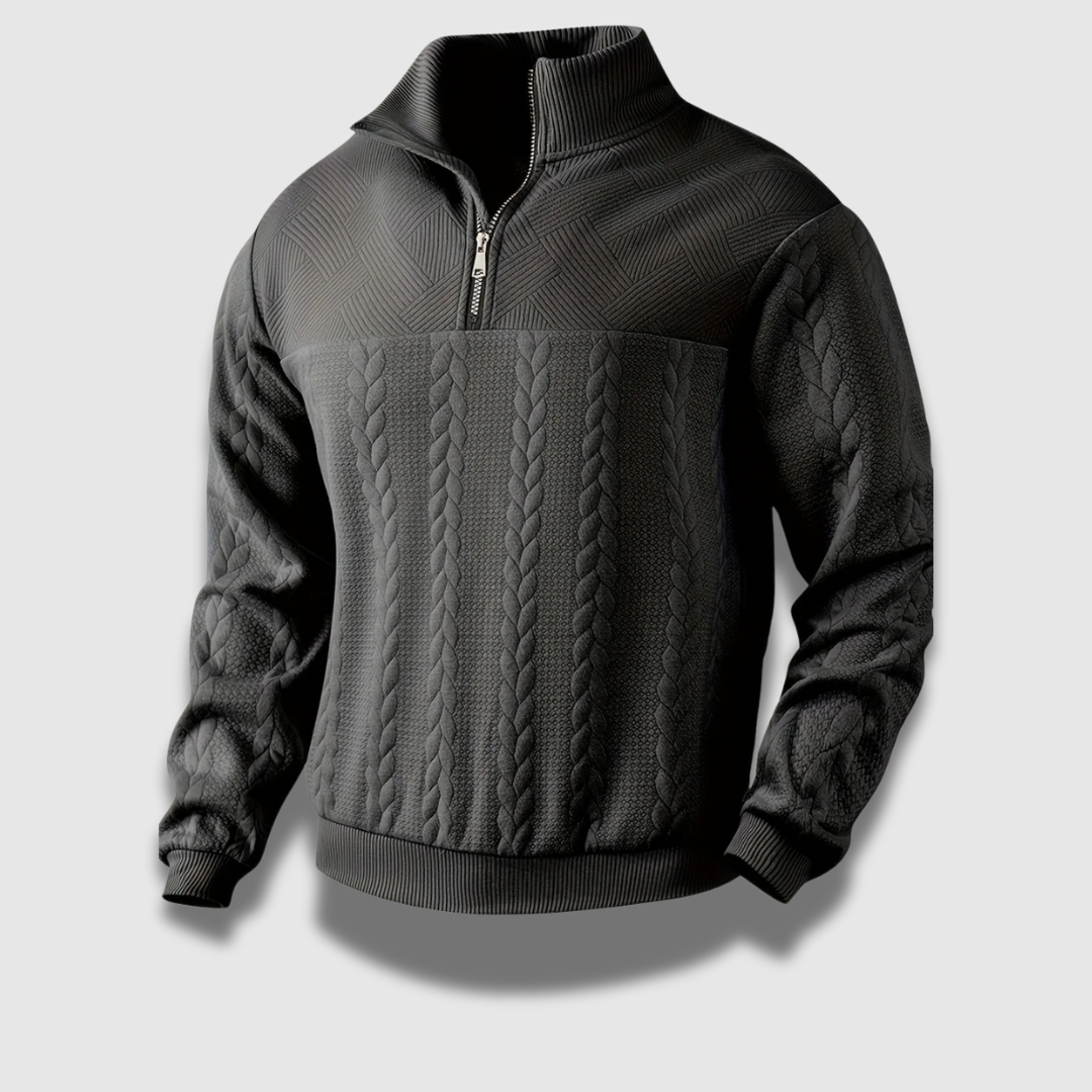 Maglione uomo elegante in stile vintage con zip frontale e collo alto per moda invernale.
