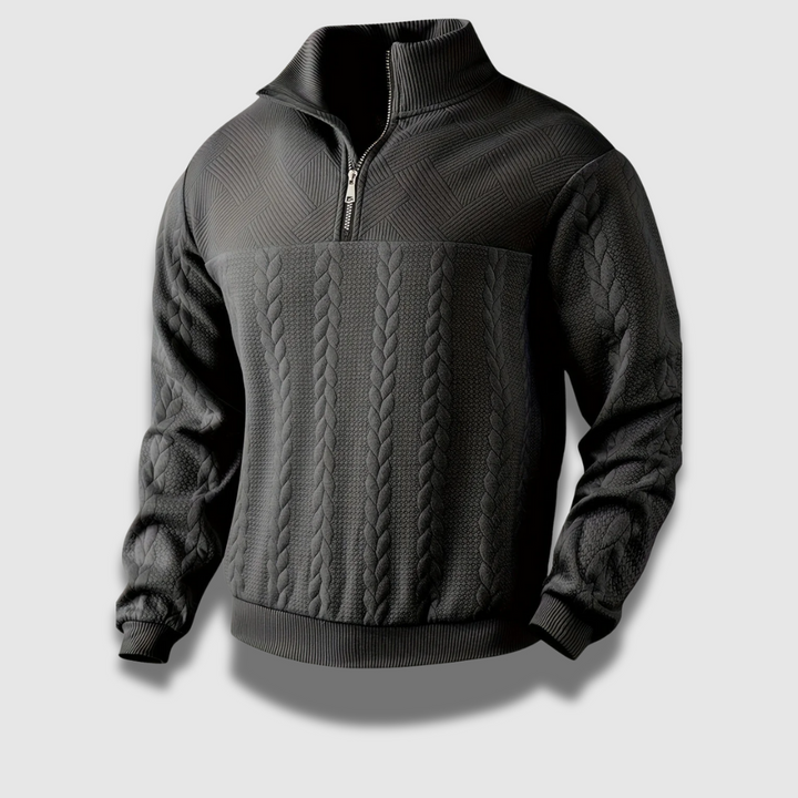 Maglione uomo elegante in stile vintage con zip frontale e collo alto per moda invernale.