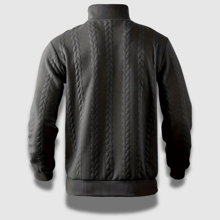 Maglione da uomo casual con zip e collo alto, ideale per abbigliamento maschile a strati in inverno.