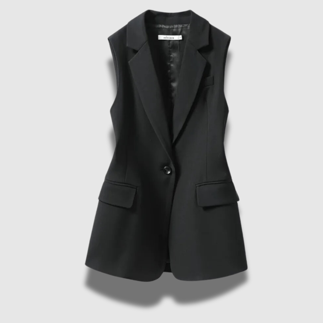 Gilet donna senza maniche, versatile e chic, con bottoni frontali, perfetto per la moda femminile casual o formale.