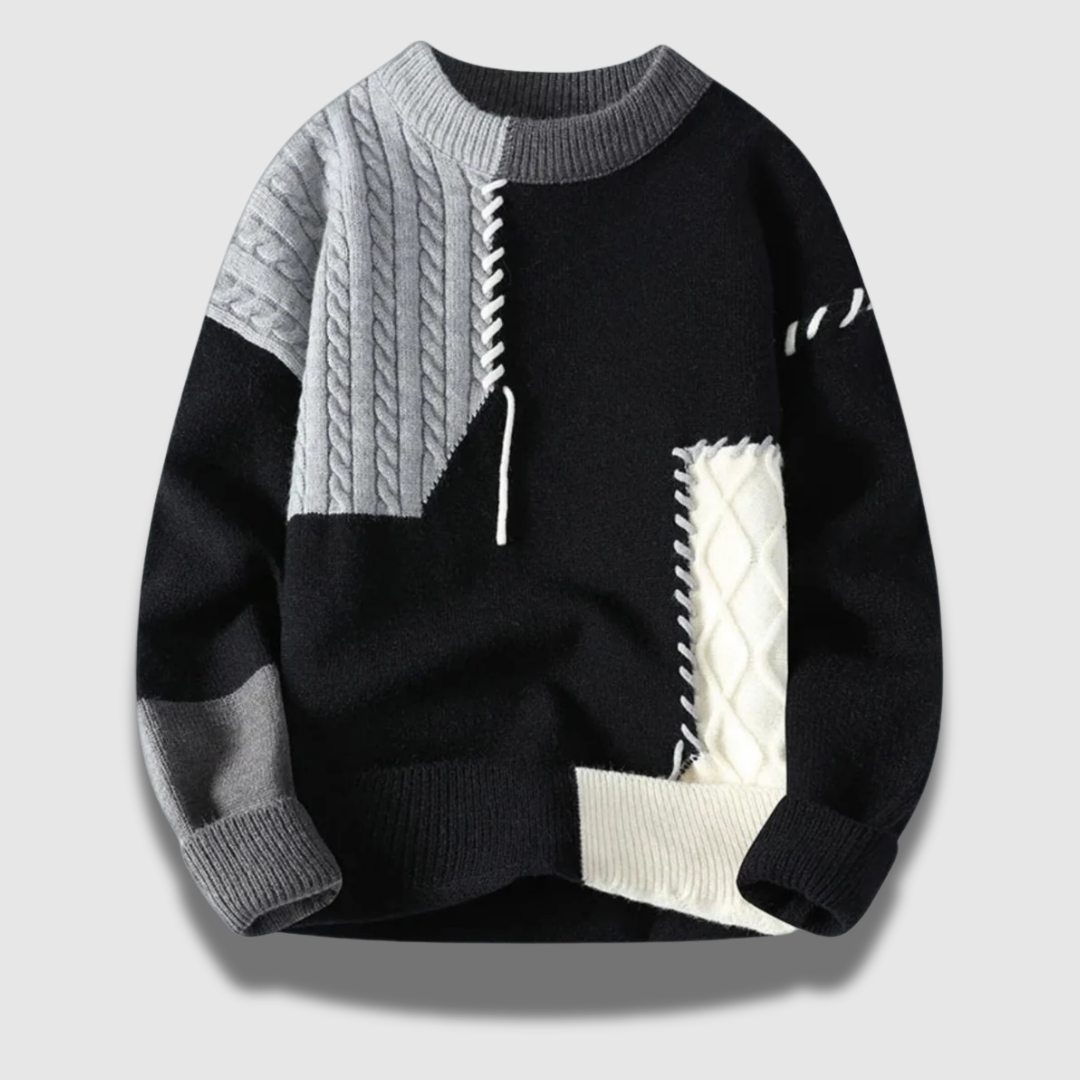 Pullover uomo in maglia con design patchwork unico, comfort casual e stile moderno per la moda maschile invernale.