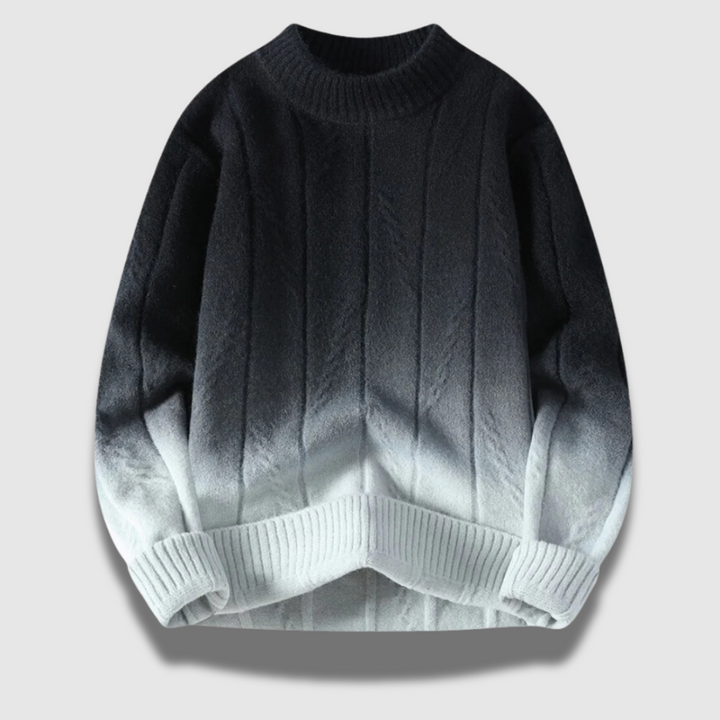 Dettaglio del maglione sfumato da uomo, morbido e di tendenza, per un outfit moderno e confortevole.