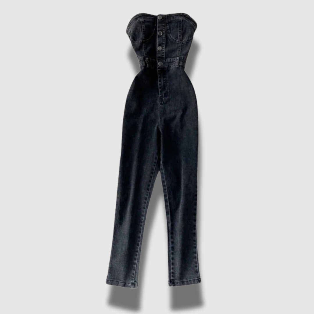 Elegante tuta donna senza spalline a gamba larga, un capo versatile per serate speciali o look quotidiani estivi.