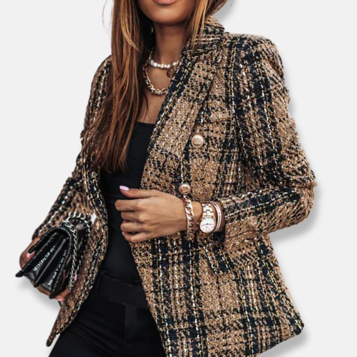 Elegante blazer donna doppiopetto per ufficio e occasioni speciali, con bottoni dorati, comfort quotidiano.