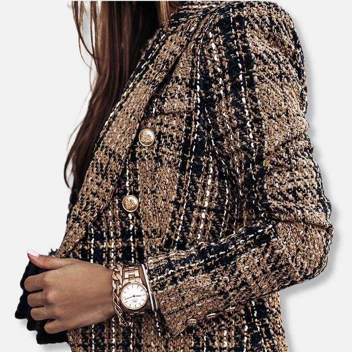 Blazer donna casual chic, modello doppiopetto, versatile per autunno inverno, un must-have nel guardaroba femminile.